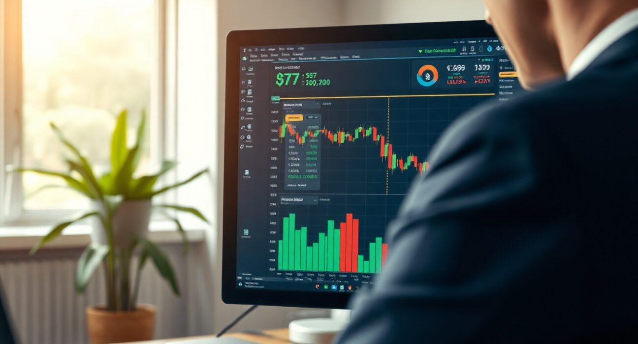 Financial analyst reviewing a Bitcoin ETF chart on a monitor in a modern office
