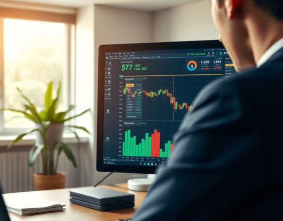 Financial analyst reviewing a Bitcoin ETF chart on a monitor in a modern office