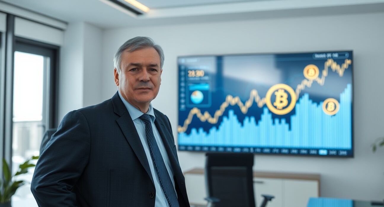 Hashdex CIO Samir Kerbage in a modern office with digital financial charts
