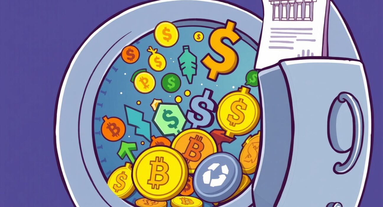 A cartoon illustration showing the Hashdex NCIQ fund expanding its portfolio to include diverse crypto assets, symbolizing growth and regulatory progress.