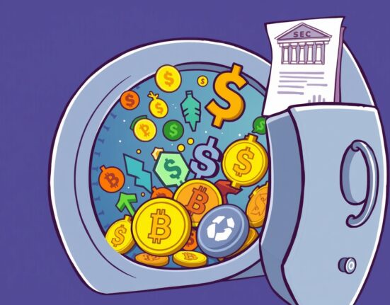 A cartoon illustration showing the Hashdex NCIQ fund expanding its portfolio to include diverse crypto assets, symbolizing growth and regulatory progress.