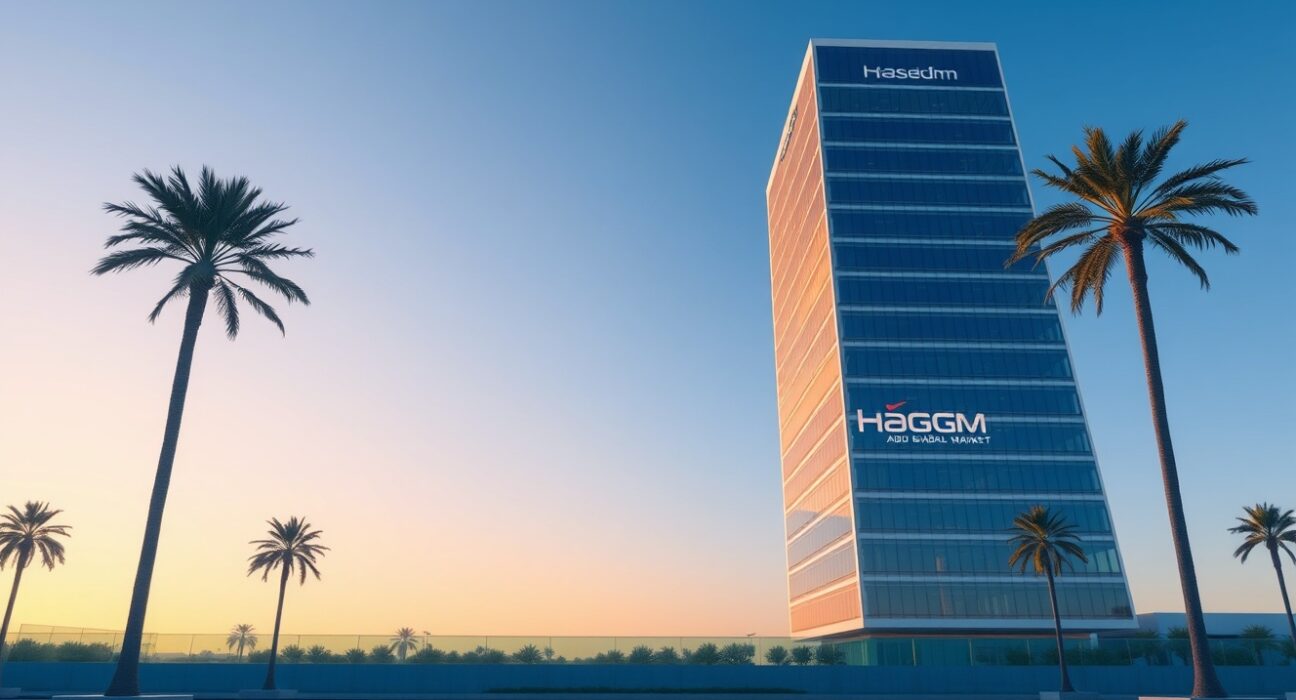 Hashed obtains financial services license in Abu Dhabi, with the ADGM skyline representing regulatory approval for crypto investment activities.
