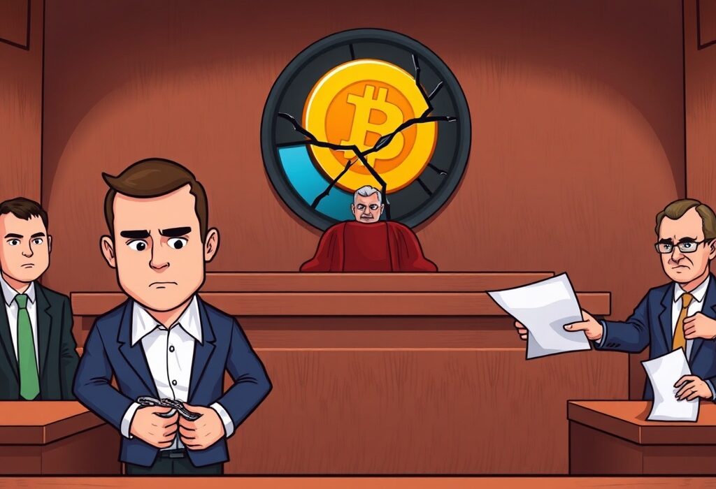 A cartoon illustration showing the legal appeal of the lenient HashFlare co-founders sentence in a crypto fraud case.