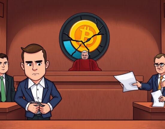 A cartoon illustration showing the legal appeal of the lenient HashFlare co-founders sentence in a crypto fraud case.
