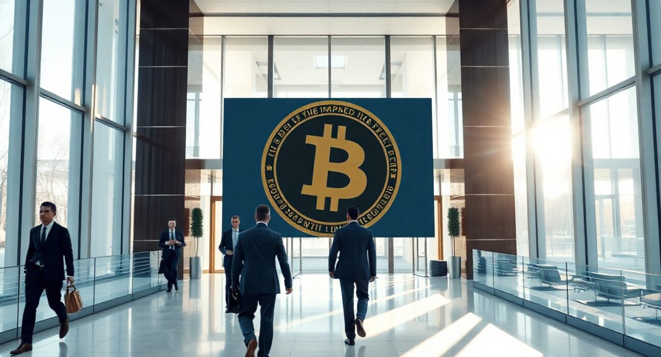 Digital display showing Bitcoin and Sui blockchain logos in a modern financial institution lobby