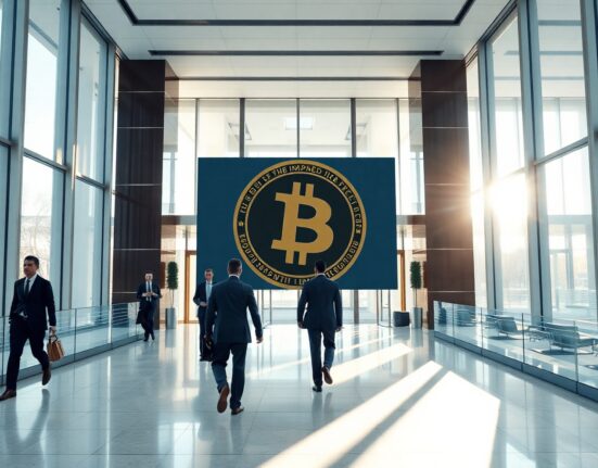 Digital display showing Bitcoin and Sui blockchain logos in a modern financial institution lobby