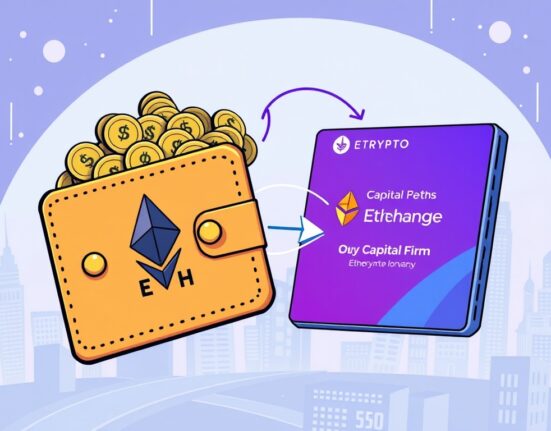 Cartoon illustration showing a significant HashKey Capital ETH sale, depicting a large transfer of value on a digital exchange.