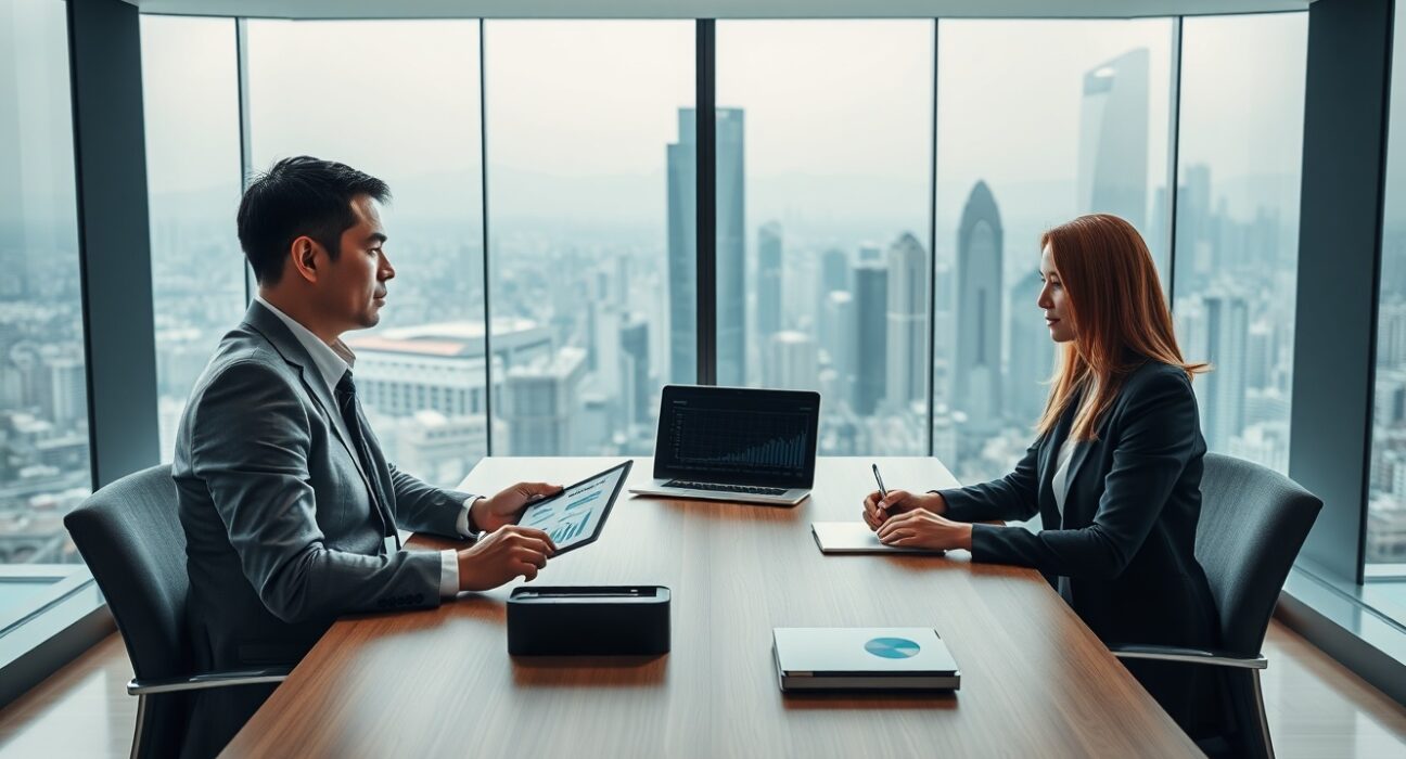 Two professionals reviewing financial data on devices in a modern Hong Kong boardroom with city skyline view