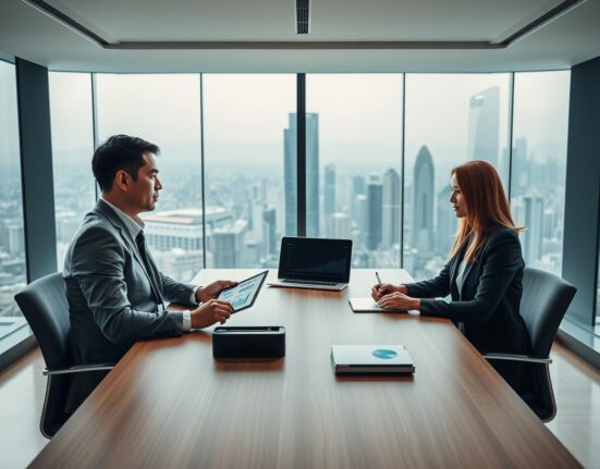 Two professionals reviewing financial data on devices in a modern Hong Kong boardroom with city skyline view