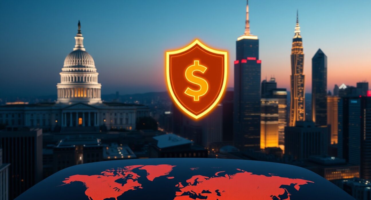 A photorealistic image of the U.S. Capitol and Asian skyscrapers with a digital dollar and stablecoin symbol over a world map, representing global stablecoin competition.