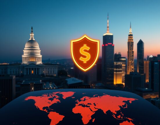 A photorealistic image of the U.S. Capitol and Asian skyscrapers with a digital dollar and stablecoin symbol over a world map, representing global stablecoin competition.