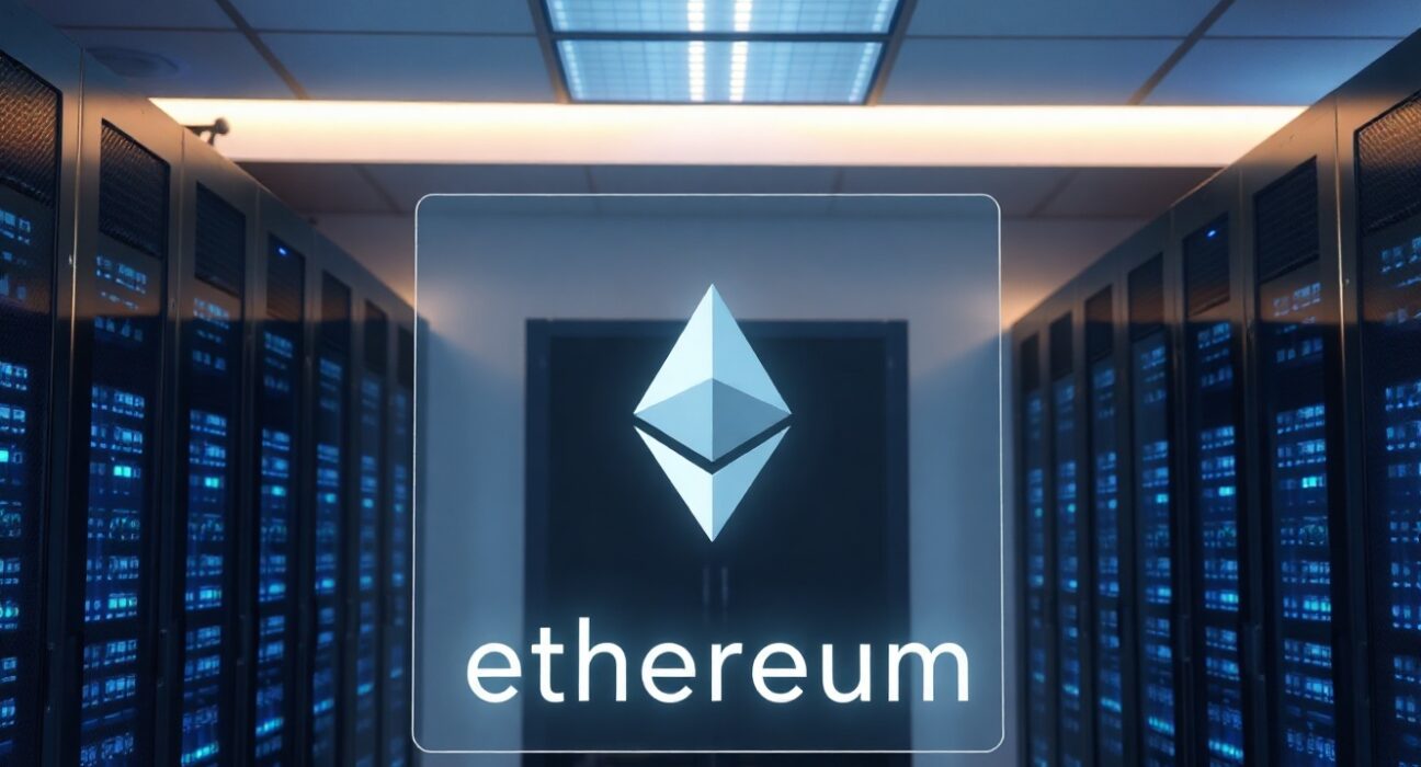 Modern data center with Ethereum logo representing HashKey Cloud's ETH staking program.