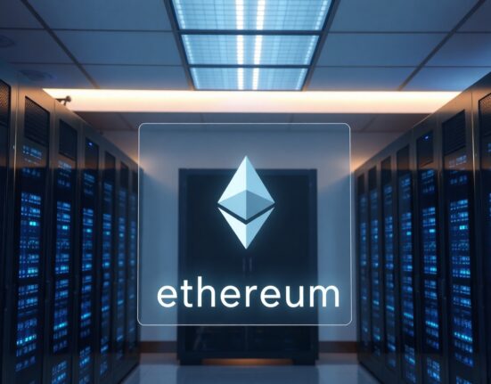 Modern data center with Ethereum logo representing HashKey Cloud's ETH staking program.