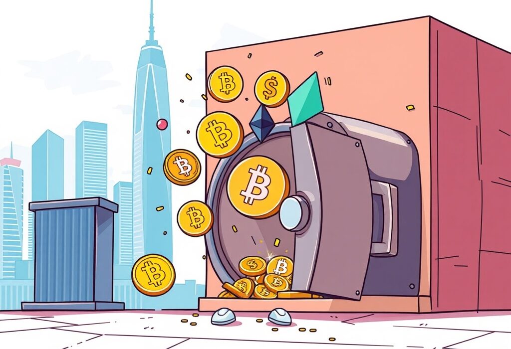 A cartoon illustration of a secure strongbox opening to reveal digital currency symbols, representing HashKey Group's new crypto investment fund for institutional investors.