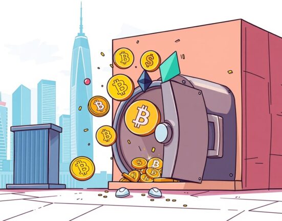 A cartoon illustration of a secure strongbox opening to reveal digital currency symbols, representing HashKey Group's new crypto investment fund for institutional investors.