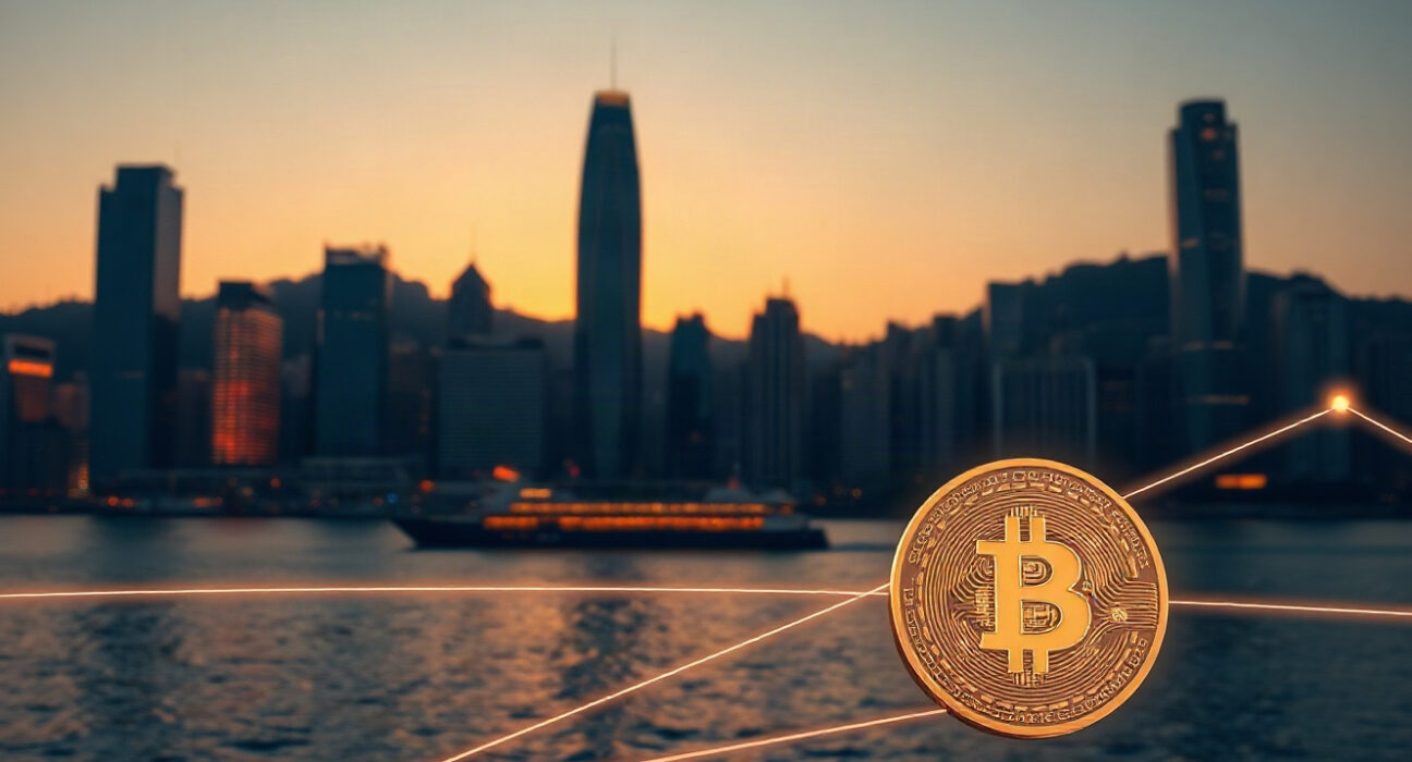 Hong Kong skyline at dusk with digital blockchain overlay representing stablecoin trade