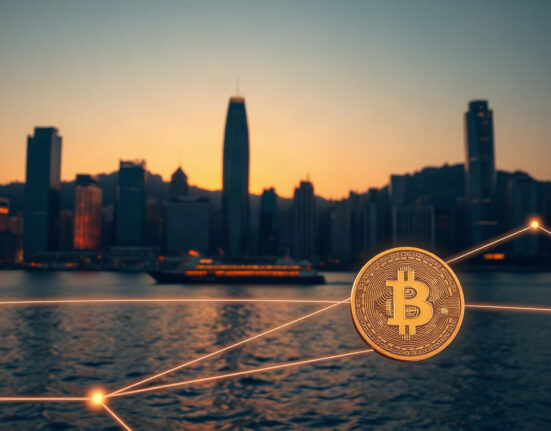 Hong Kong skyline at dusk with digital blockchain overlay representing stablecoin trade