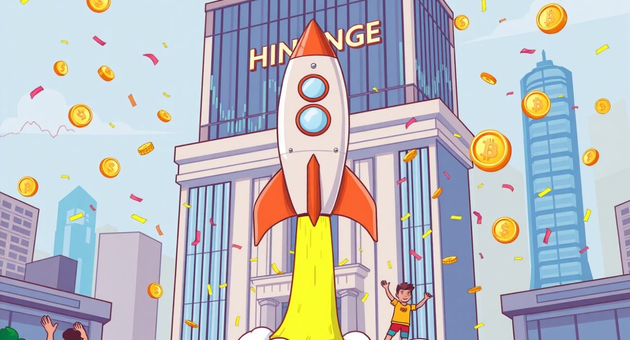 HashKey HKEX listing celebration with cryptocurrency rocket launching from stock exchange