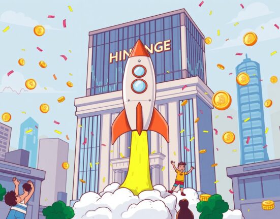 HashKey HKEX listing celebration with cryptocurrency rocket launching from stock exchange