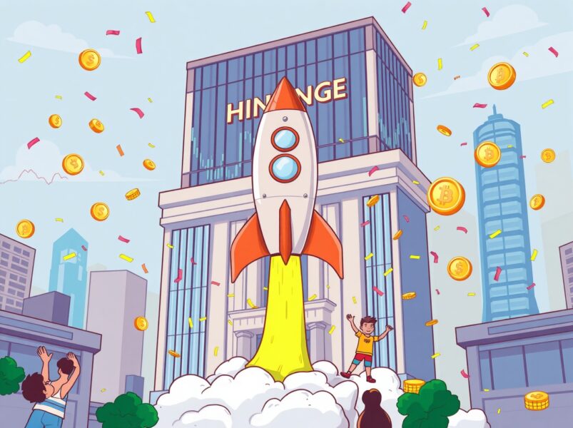 HashKey HKEX listing celebration with cryptocurrency rocket launching from stock exchange