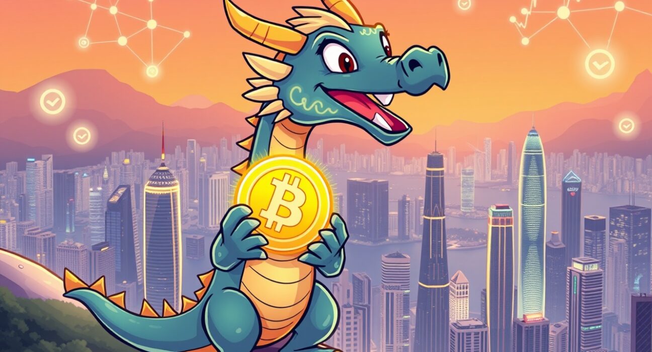 An optimistic cartoon illustration symbolizing the HashKey Holdings Hong Kong IPO as a major step for crypto investment.