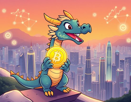 An optimistic cartoon illustration symbolizing the HashKey Holdings Hong Kong IPO as a major step for crypto investment.