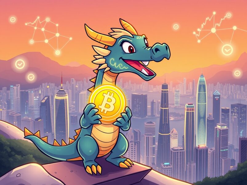 An optimistic cartoon illustration symbolizing the HashKey Holdings Hong Kong IPO as a major step for crypto investment.