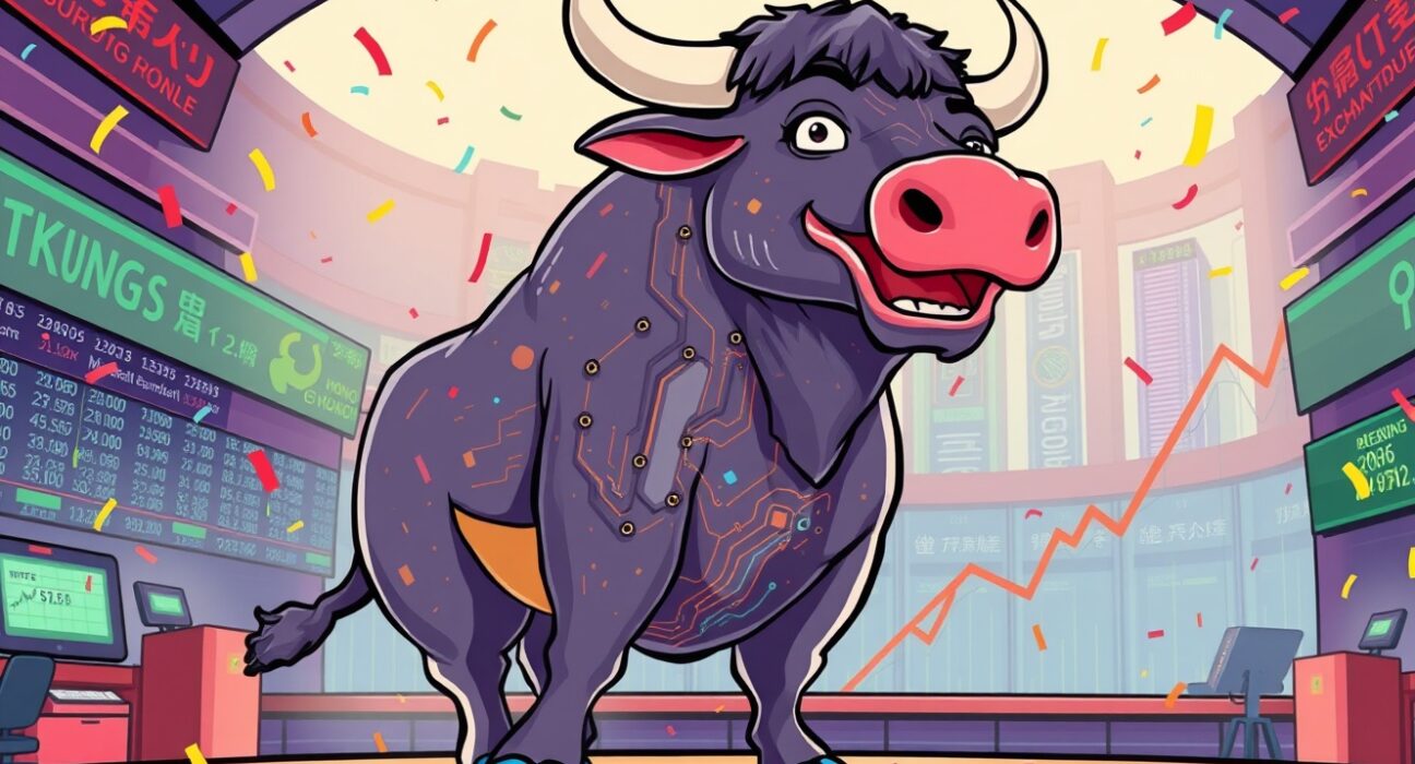 HashKey Holdings triumphant bull celebrating a successful stock market debut in Hong Kong.