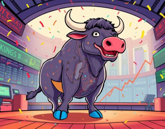 HashKey Holdings triumphant bull celebrating a successful stock market debut in Hong Kong.