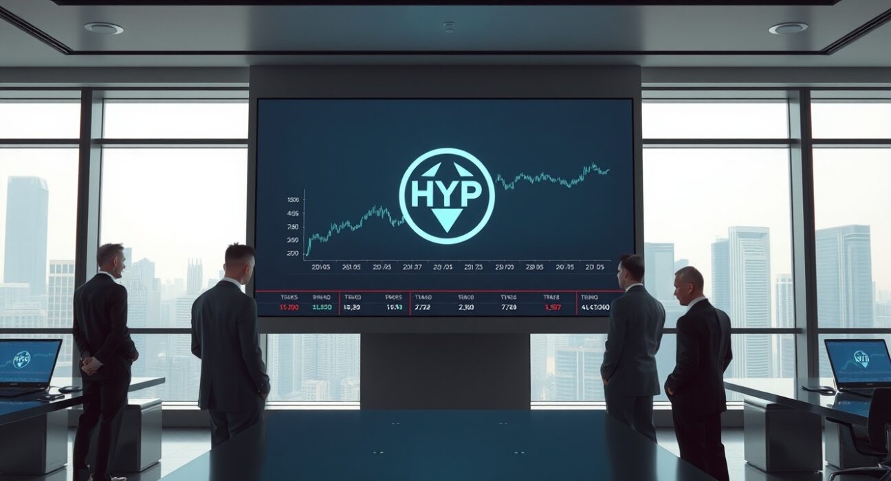 HashKey exchange trading floor with Hyperliquid HYPE token price chart on screen