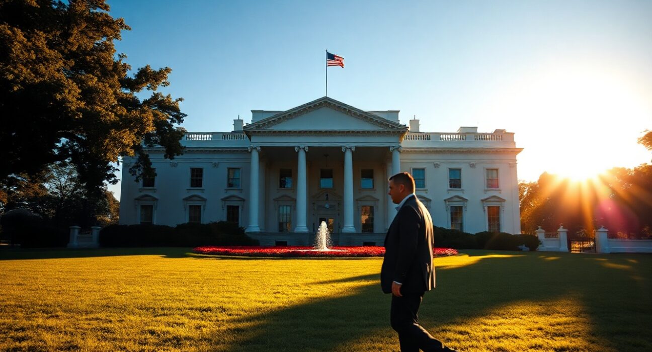 White House West Wing exterior in Washington D.C. during golden hour, representing policy discussions on Iran and the Federal Reserve.