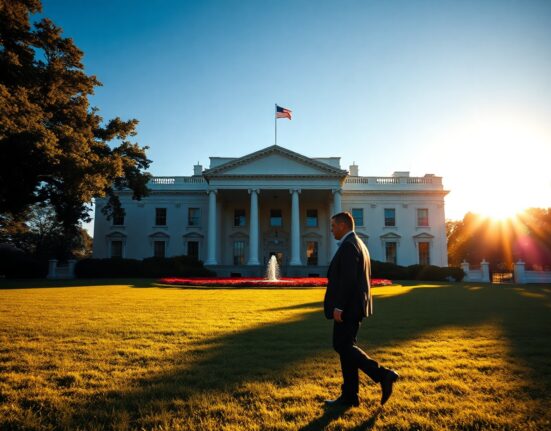 White House West Wing exterior in Washington D.C. during golden hour, representing policy discussions on Iran and the Federal Reserve.