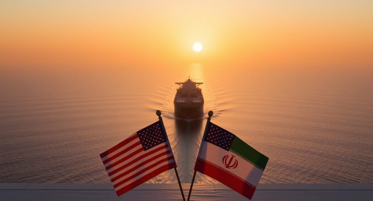 Oil tanker in the Strait of Hormuz with US and Iranian flags in foreground, representing potential deal.