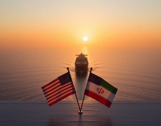 Oil tanker in the Strait of Hormuz with US and Iranian flags in foreground, representing potential deal.