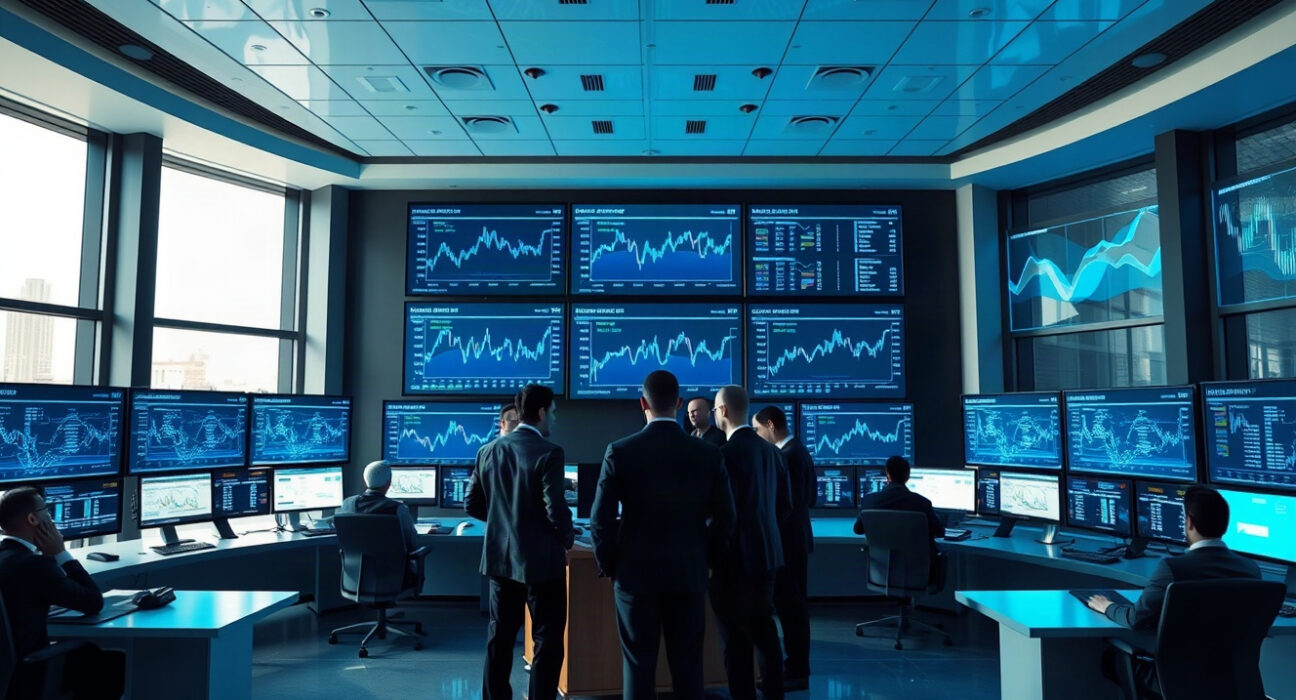 Institutional crypto infrastructure command center with blockchain data on screens