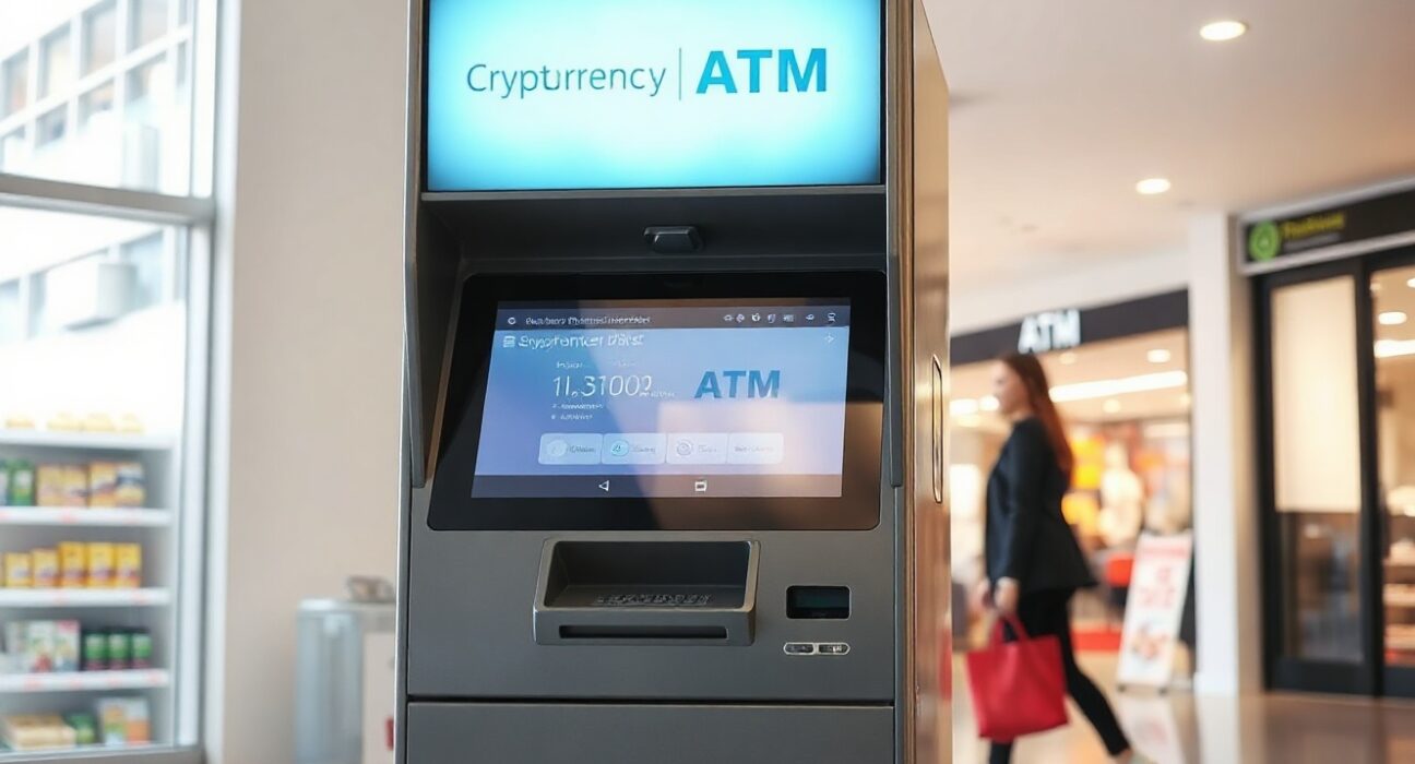 Cryptocurrency ATM kiosk in a public setting, representing Hawaii's statewide ban on such machines.