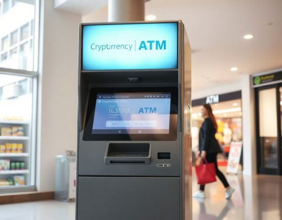 Cryptocurrency ATM kiosk in a public setting, representing Hawaii's statewide ban on such machines.