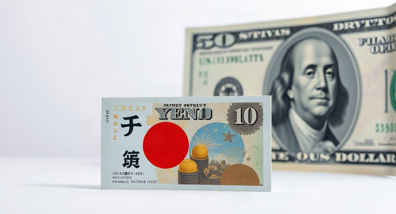 Japanese Yen and US Dollar banknotes side by side, symbolizing the USD/JPY currency pair.
