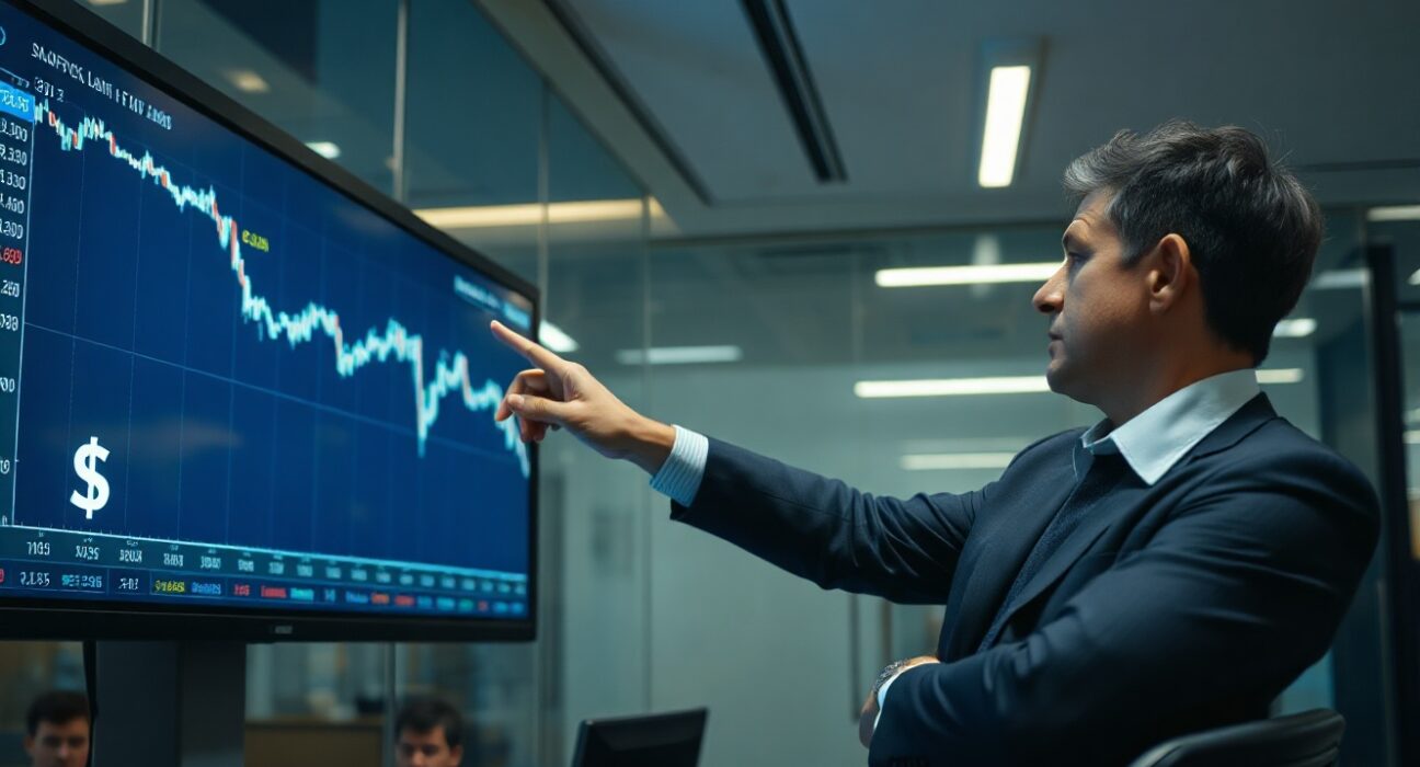Analyst pointing at EUR/USD chart with downward trend against US dollar symbol on trading floor screen