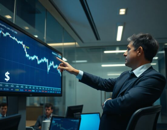 Analyst pointing at EUR/USD chart with downward trend against US dollar symbol on trading floor screen