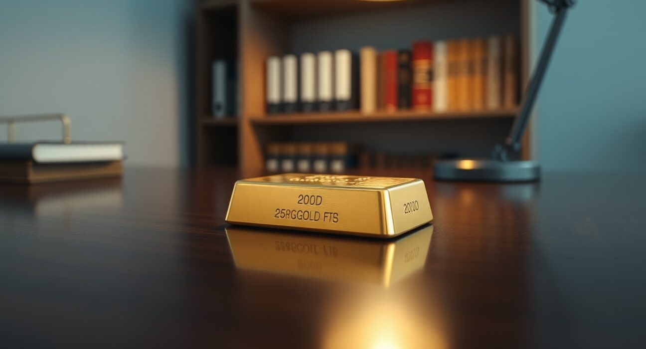 Gold bar on a wooden surface in a professional office setting
