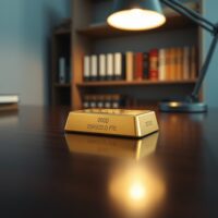 Gold bar on a wooden surface in a professional office setting