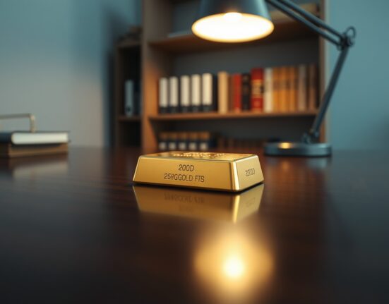 Gold bar on a wooden surface in a professional office setting