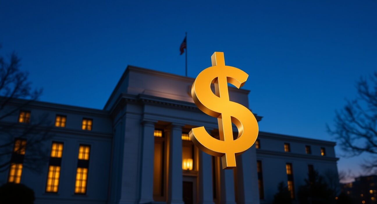 Federal Reserve building with US Dollar symbol representing hawkish monetary policy support for the currency.