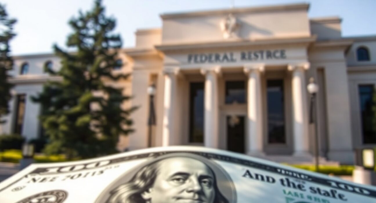 Close-up of a US Dollar bill with the Federal Reserve building blurred in the background, representing monetary policy and currency strength.