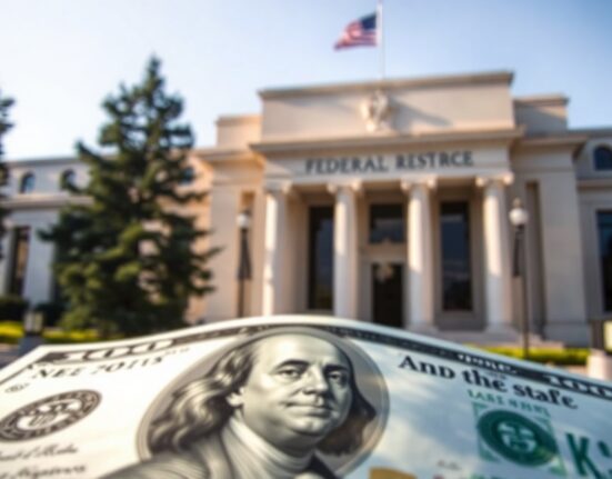 Close-up of a US Dollar bill with the Federal Reserve building blurred in the background, representing monetary policy and currency strength.