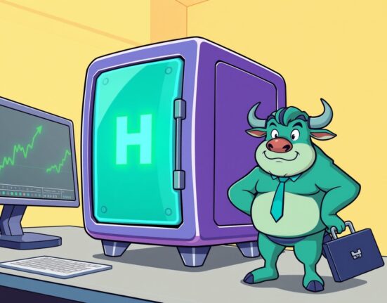 A vibrant cartoon illustrating the secure launch of the HBAR ETF on the Vanguard trading platform.