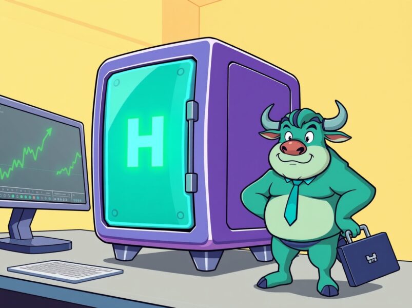 A vibrant cartoon illustrating the secure launch of the HBAR ETF on the Vanguard trading platform.