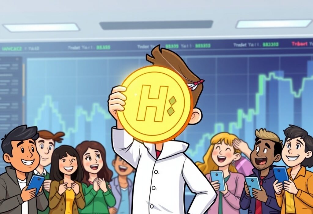 Cartoon illustration showing the significant impact of the HBAR Robinhood listing on the crypto market, with investors celebrating.