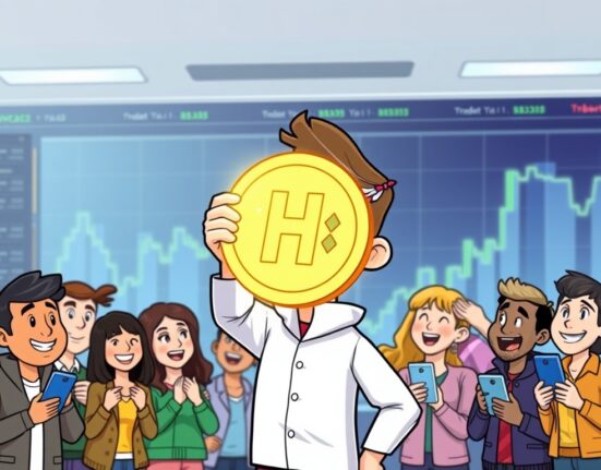Cartoon illustration showing the significant impact of the HBAR Robinhood listing on the crypto market, with investors celebrating.